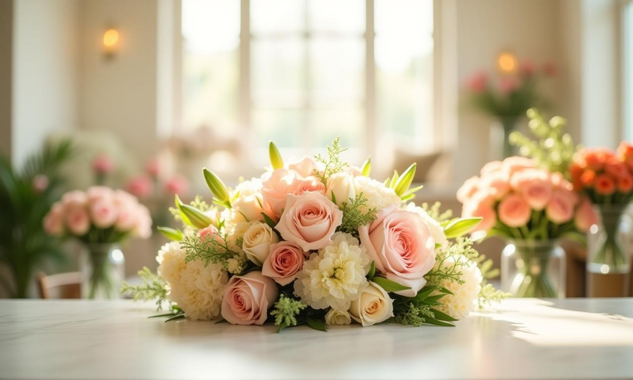 Espectacular arreglo floral variado y fresco en un ambiente luminoso, simbolizando elegancia.